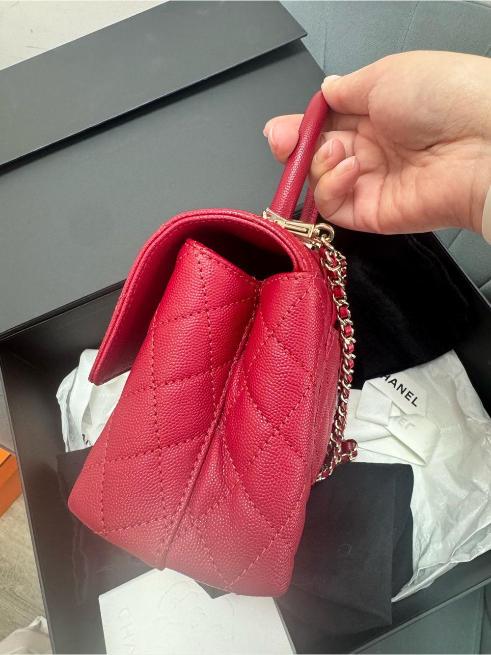 CHANEL Small Coco Handle Dark Red Caviar Light Gold Hardware - Picture 3 of 14